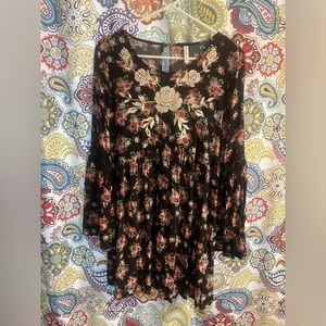 Xhilaration Black and Pink Floral Long-Sleeved Babydoll Dress